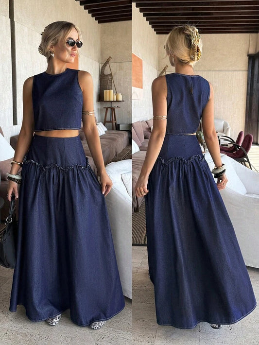 CM-SS155777 Women Casual Seoul Style Dark Wash Sleeveless Denim Vest Top With Flared Long Skirt - Set