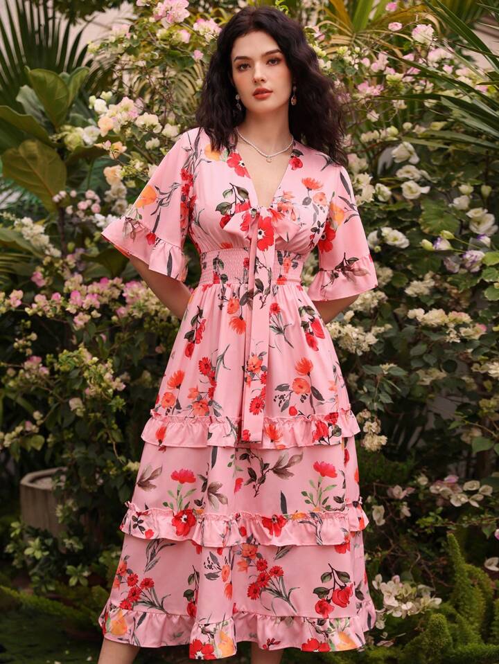 CM-DS211059 Women Trendy Bohemian Style Floral Print Ruffle Hem Shirred Cinching Waist Dress