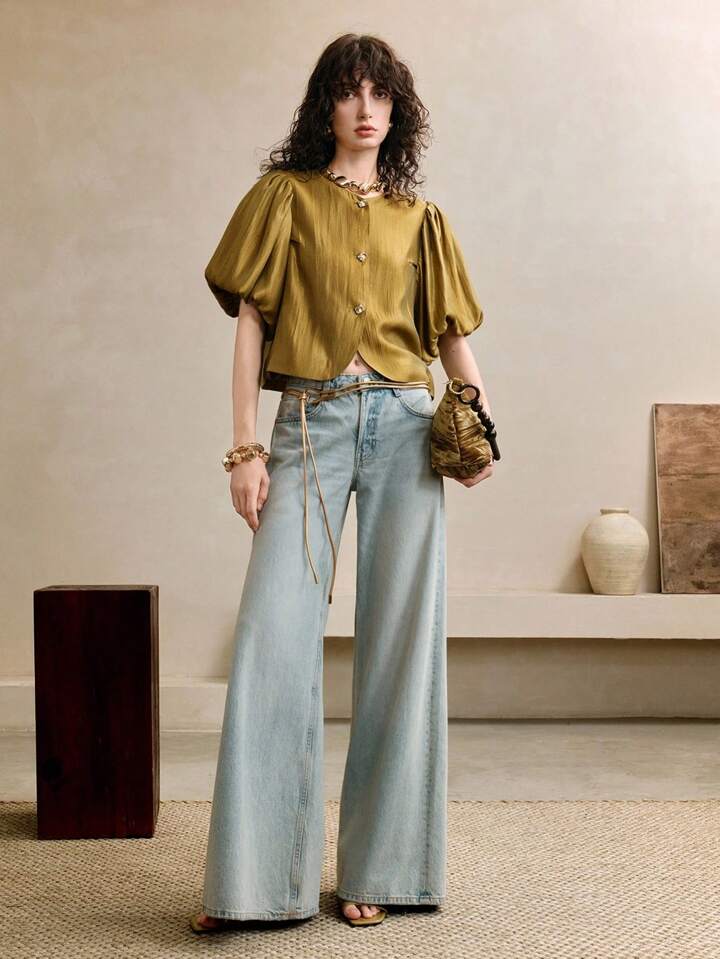 CM-TS013428 Women Elegant Seoul Style Satin Round Neck Puff Sleeve Golden Metal Button Decor Blouse