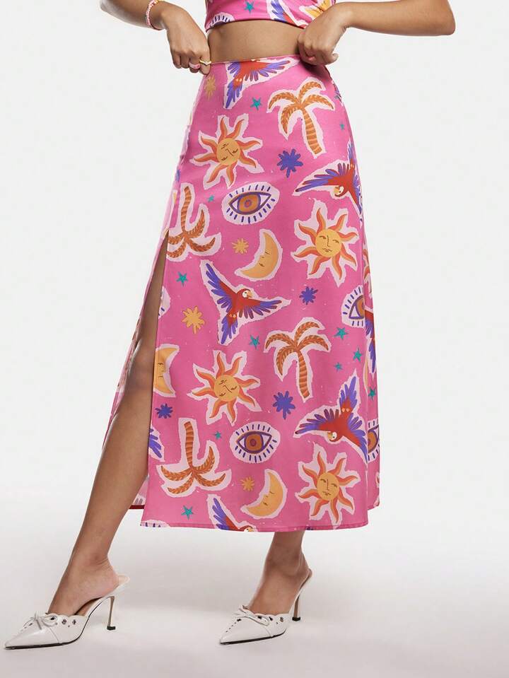 CM-BS311934 Women Casual Seoul Style Allover Print High-Split Mid-Length Skirt