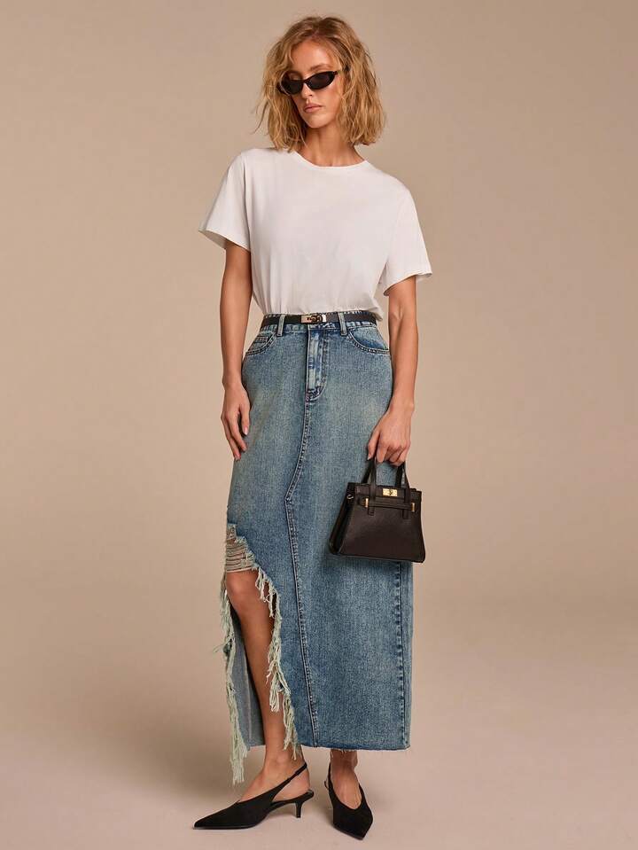 CM-BS347174 Women Casual Seoul Style Medium Wash High Waist Asymmetrical Hem Frayed Long Denim Skirt