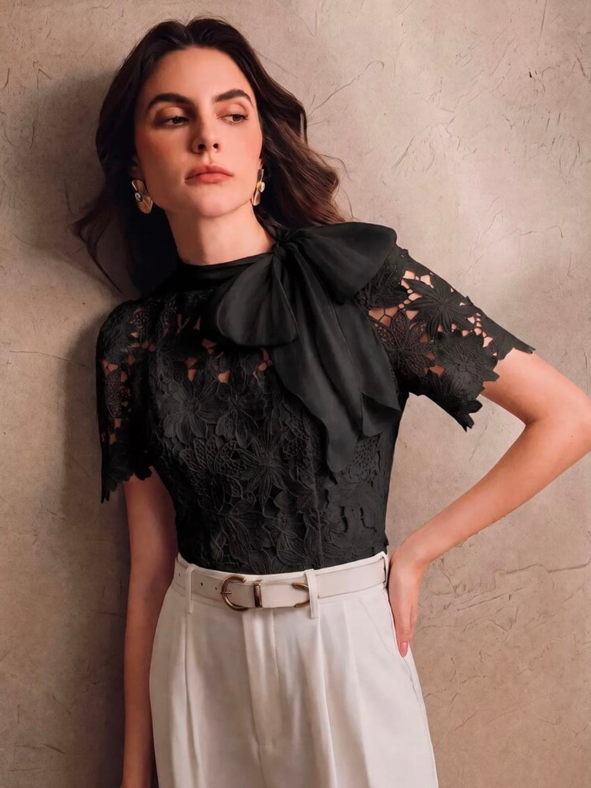 CM-TS468347 Women Elegant Seoul Style Tie Neck Puff Sleeve Hollow Lace Bowknot Blouse - Black