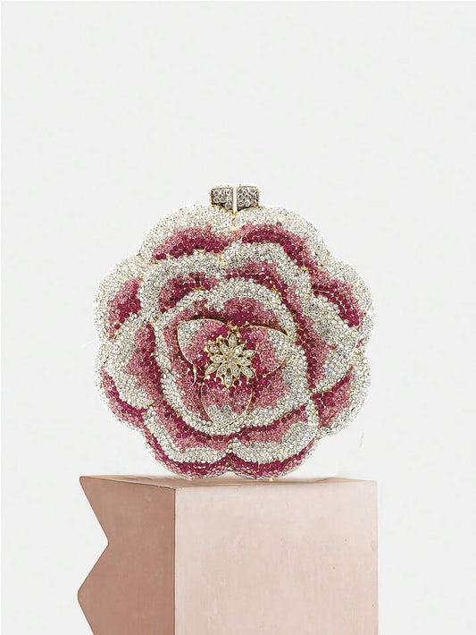 CM-BGS009642 Women Elegant Seoul Style Floral Design Rhinestone Crystal Handmade Clutch Bag - Pink