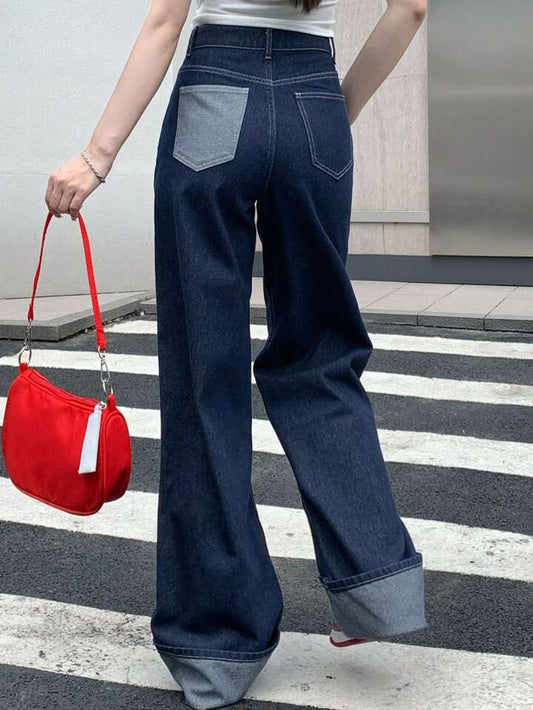 CM-BS770267 Women Casual Seoul Style Dark Wash Mid Waist Distressed Wide Leg Denim Jeans