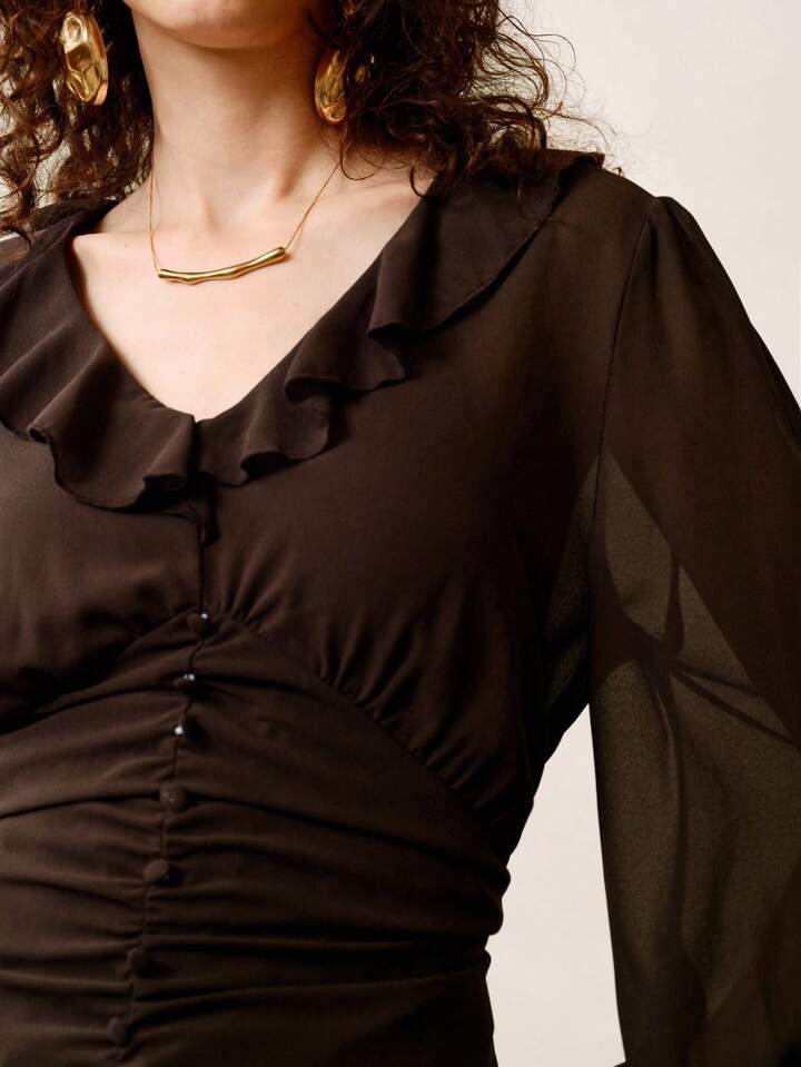 CM-TS909065 Women Elegant Seoul Style Chiffon V-Neck Ruffled Lace Long Sleeve Shirt - Coffee Brown