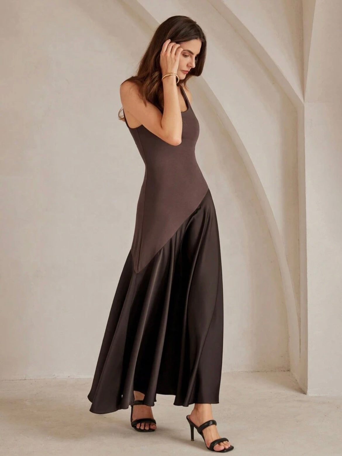CM-DS099996 Women Elegant Seoul Style Solid Color Minimalist Spaghetti Strap Maxi A-Line Dress - Coffee