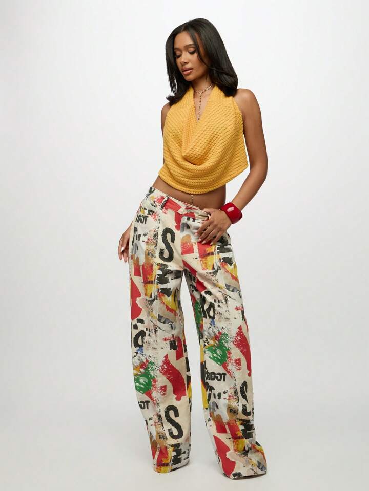 CM-BS263522 Women Casual Seoul Style Mid Waist Distressed Graffiti Print Wide Leg Baggy Jeans