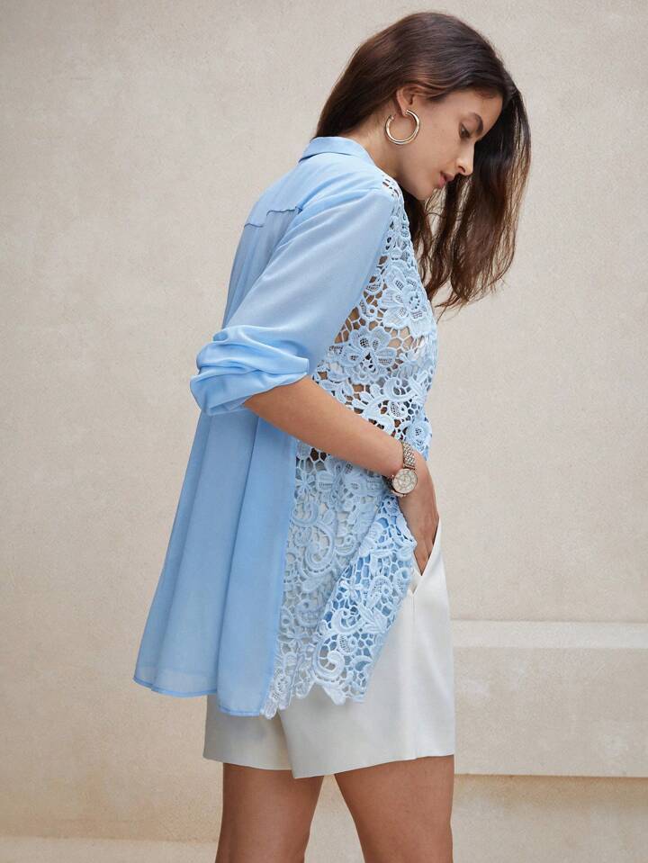 CM-TS333323 Women Elegant Seoul Style Shirt Collar Lace Chiffon Loose Long Sleeve Blouse - Blue