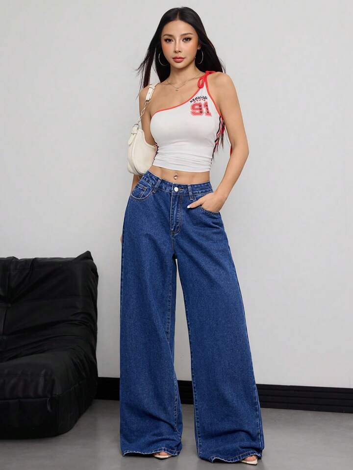 CM-BS482125 Women Casual Seoul Style Dark Wash Loose Fit Pockets Palazzo Wide-Leg Jeans