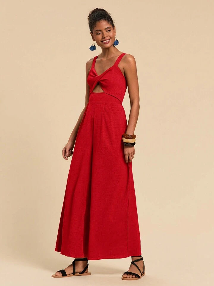 CM-JS765011 Women Trendy Bohemian Style Twist Front Cutout Cami Jumpsuit - Red