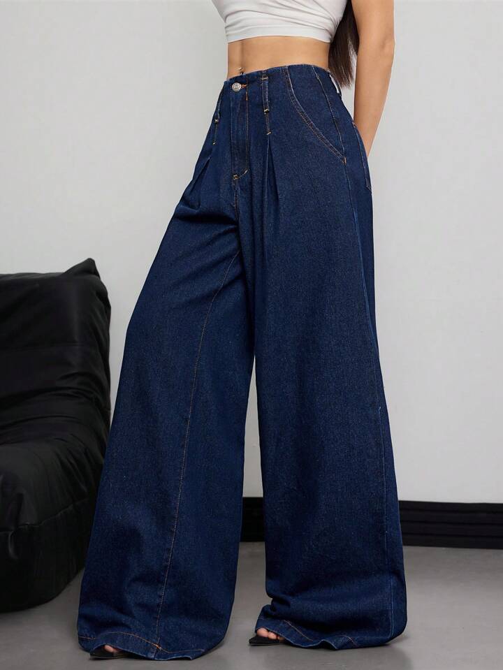 CM-BS170080 Women Casual Seoul Style Mid Waist Loose Extra Long Straight-Leg Denim Jeans - Blue