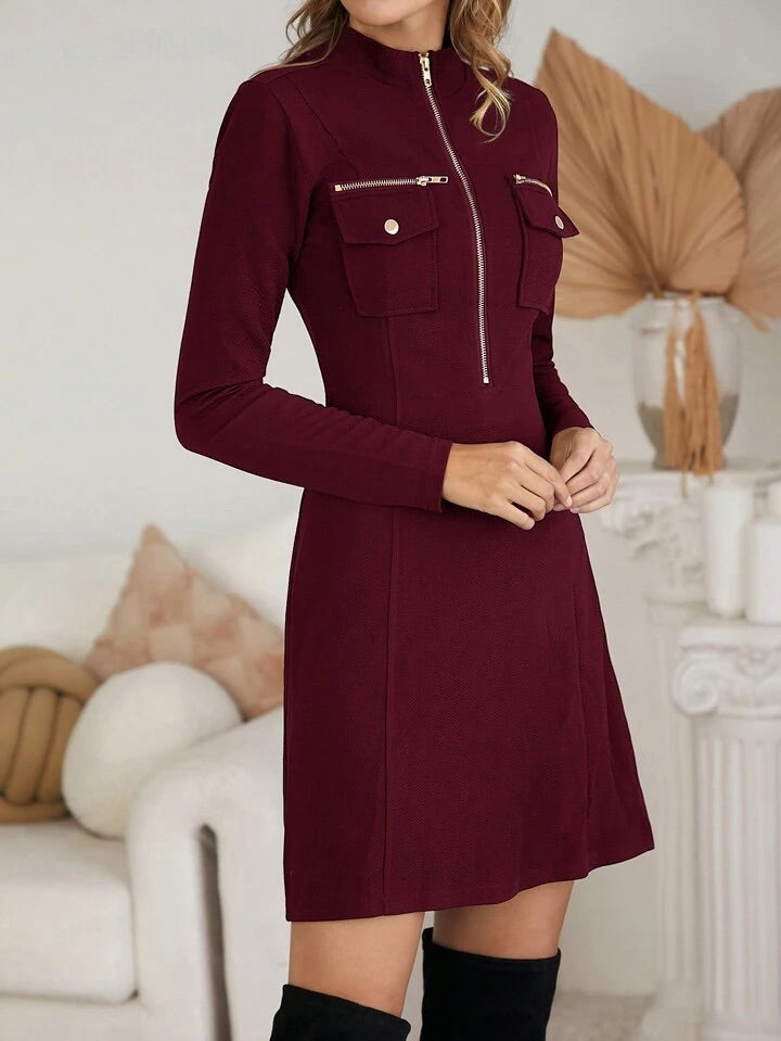 CM-DS554441 Women Elegant Seoul Style Stand Collar Zip Front Flap Pocket Dress - Burgundy