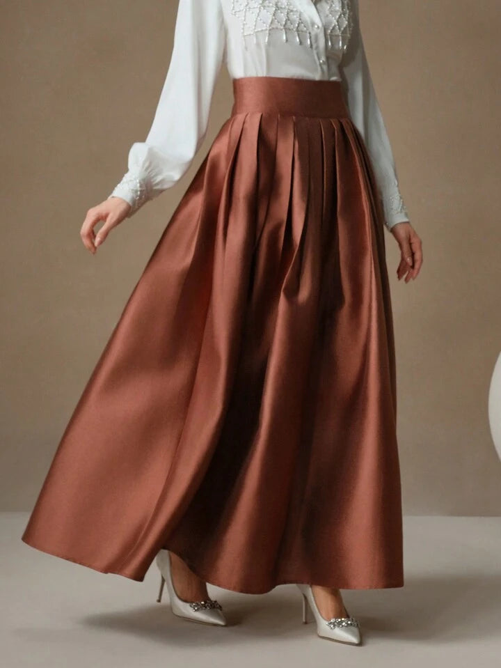 CM-BS672212 Women Elegant Seoul Style High Waisted Puff Pleated Long Skirt - Rust Brown