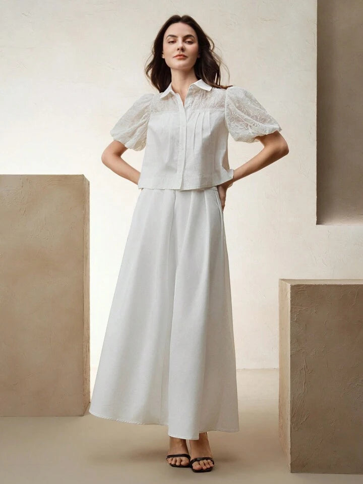 CM-TS548821 Women Casual Seoul Style Lace Patchwork Collar Neckline Puff Sleeve Blouse - White