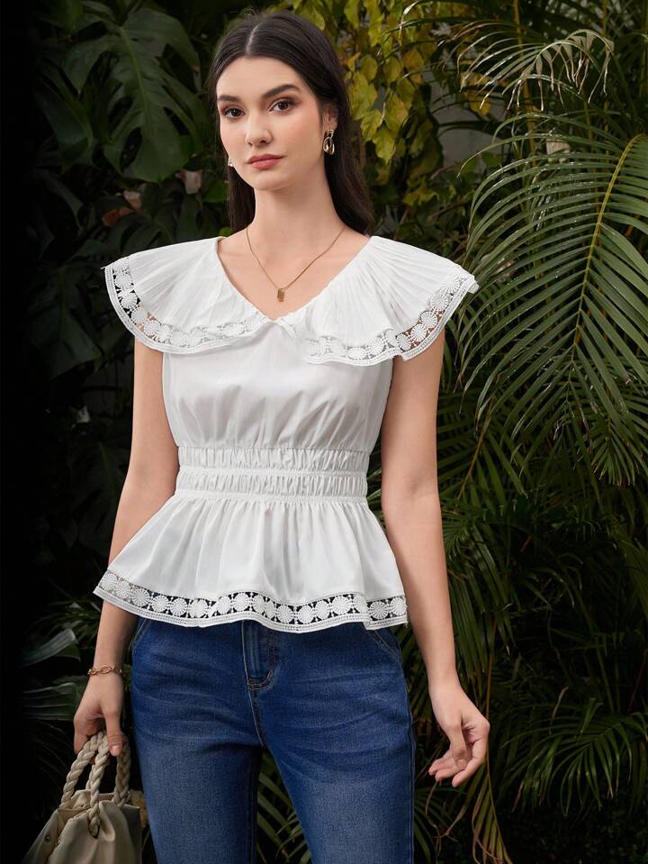 CM-TS505005 Women Casual Seoul Style Lace Patchwork Doll Collar Sleeveless Blouse - White
