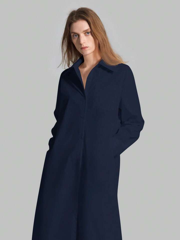 CM-TS896861 Women Casual Seoul Style Shirt Collar Long Sleeve Front Button High Slit Long Shirt - Navy Blue