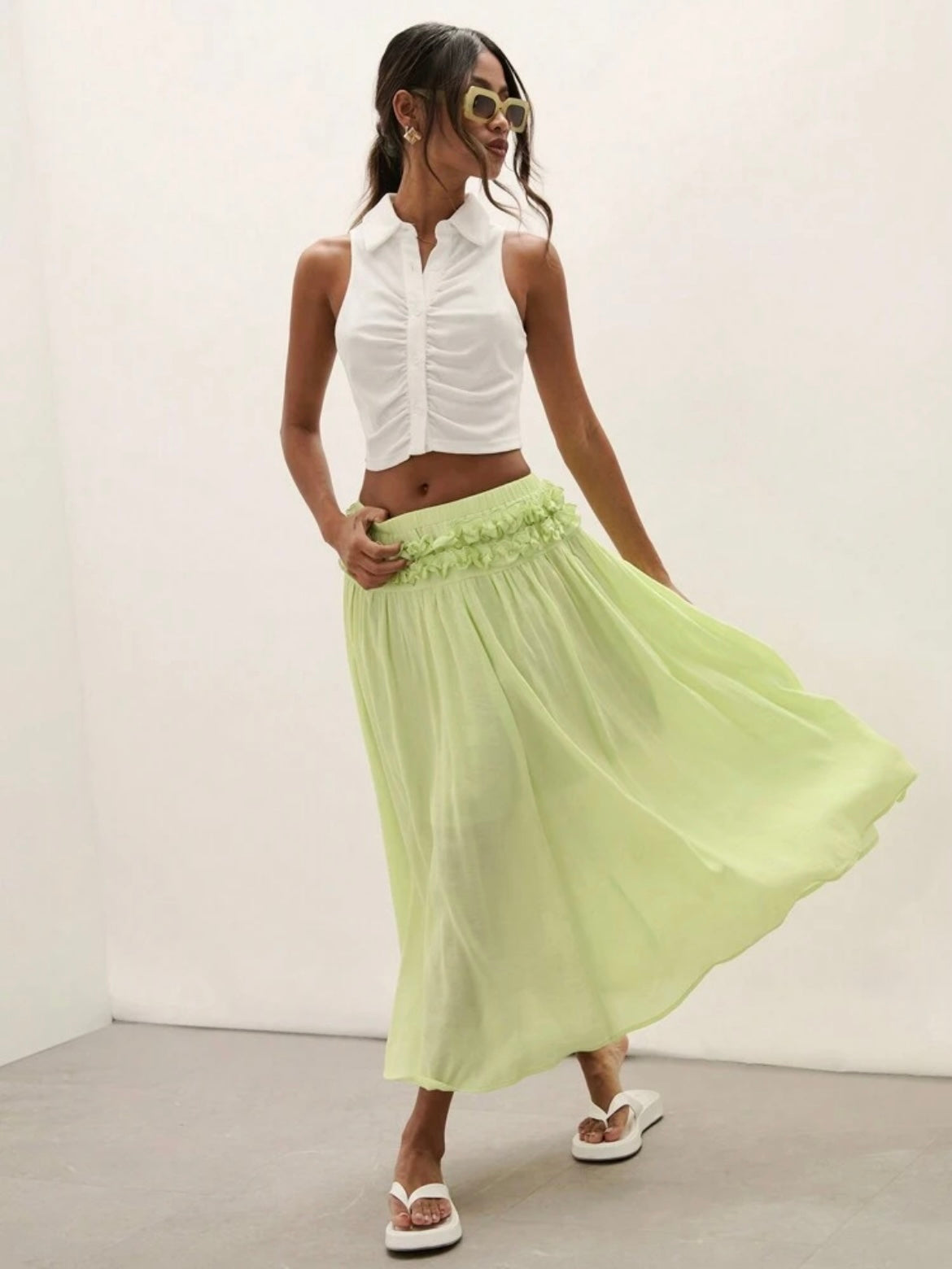 CM-BS715664 Women Trendy Bohemian Style Plain Minimalist Frill Trim Skirt - Lime Green