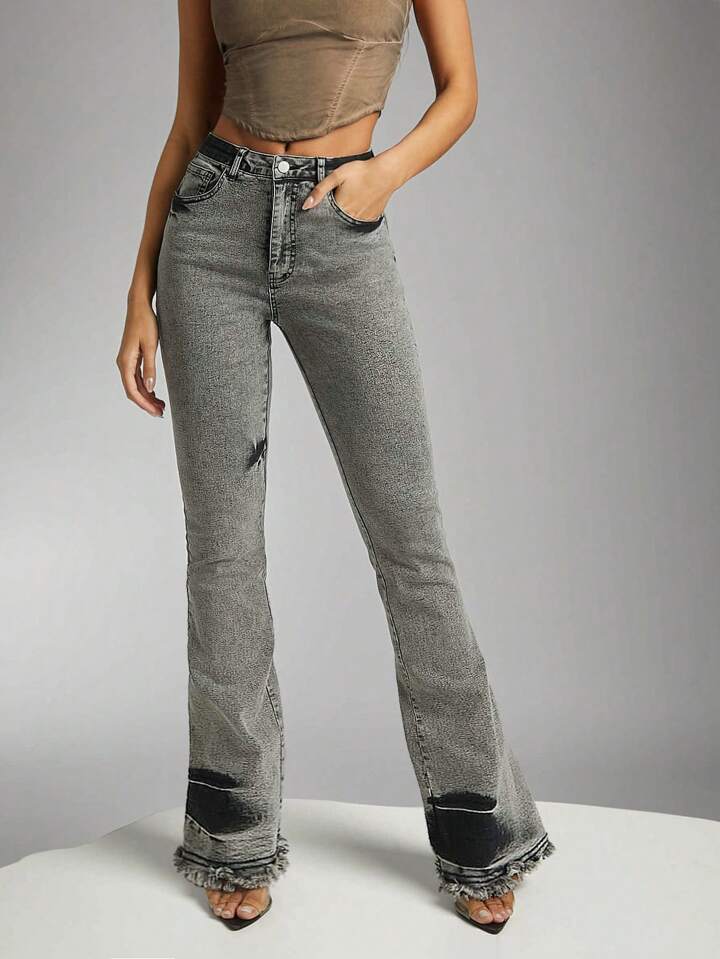 CM-BS954336 Women Casual Seoul Style Distressed Frayed Details Flare Leg Denim Jeans - Light Gray