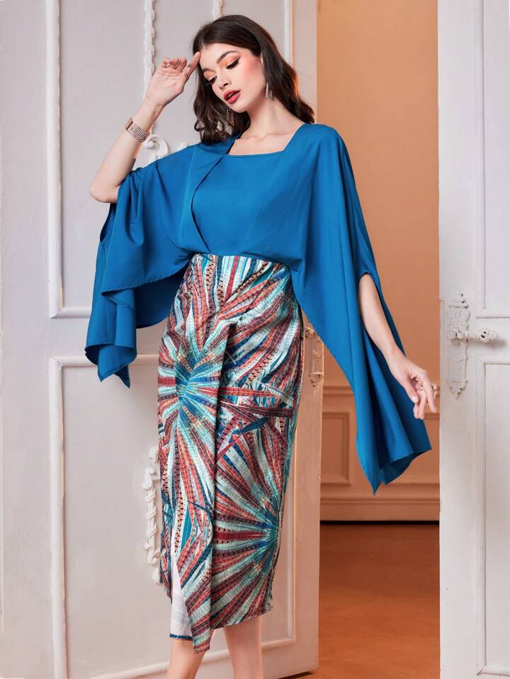 CM-DS011201 Women Elegant Seoul Style Square Neck Patchwork Floral Side Slit Sleeves Dress
