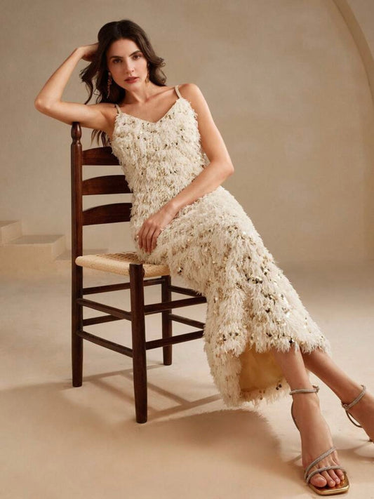 CM-DS722963 Women Elegant Seoul Style Fitted Sequin Embellished Feather Decor Slip Dress - Apricot