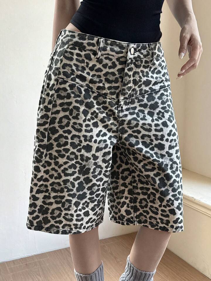 CM-BS269781 Women Casual Seoul Style Mid Waist Print Loose Bermuda Denim Shorts - Brown