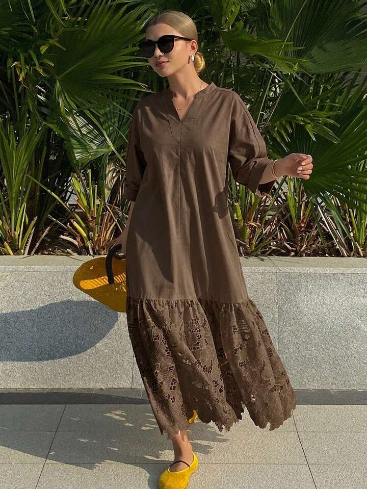 CM-DS494983 Women Trendy Bohemian Style Lace Patchwork Stand Collar 3/4 Sleeve Long Shirt Dress - Coffee Brown