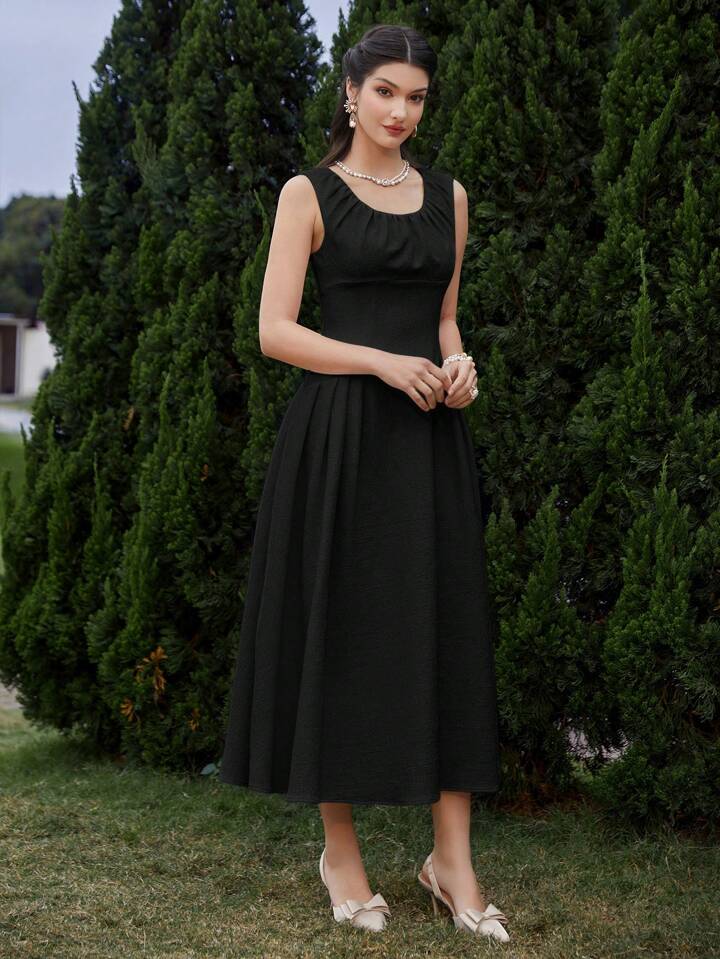 CM-DS541324 Women Elegant Seoul Style Solid Color Sleeveless Pleated A-Line Midi Dress - Black