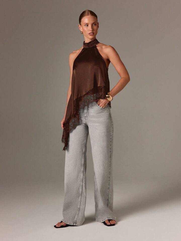 CM-TS415110 Women Elegant Seoul Style Asymmetrical High Neck Halter Top Lace Sleeveless Blouse - Coffee Brown