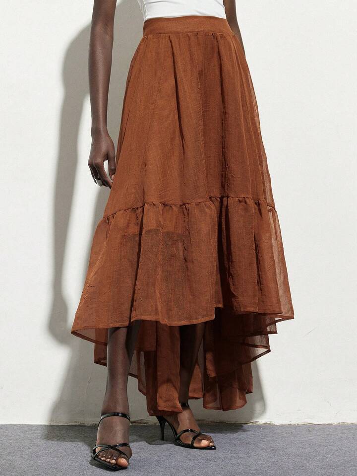 CM-BS228766 Women Casual Seoul Style High Waisted Puffed Layered Ruffle Hem A-Line Skirt - Coffee Brown