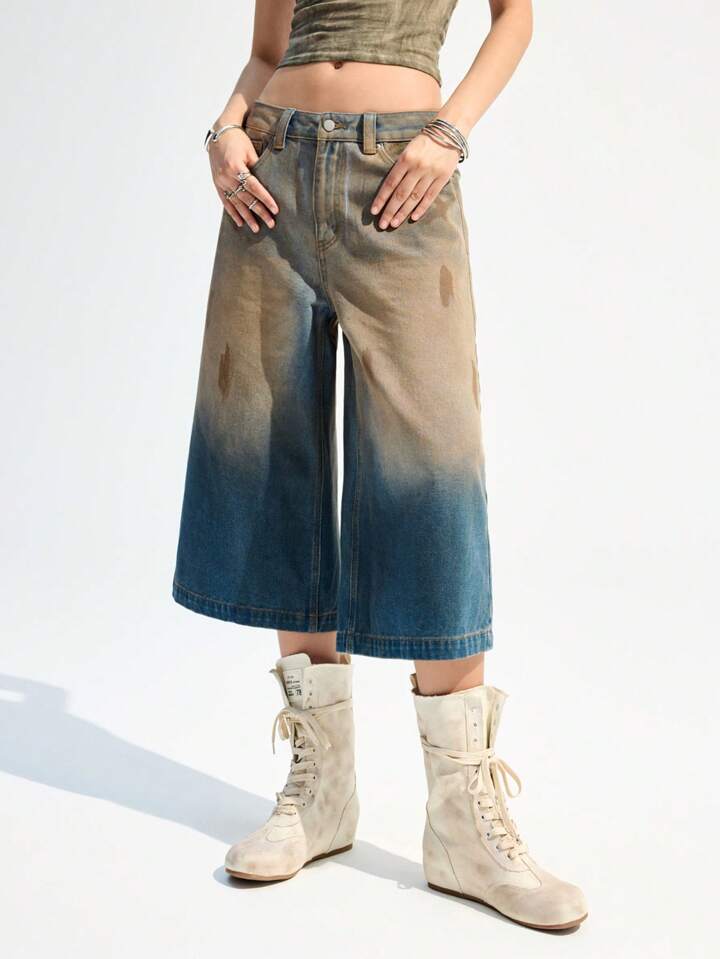 CM-BS727919 Women Casual Seoul Style Loose Flared Wide Leg 7/8 Denim Jeans