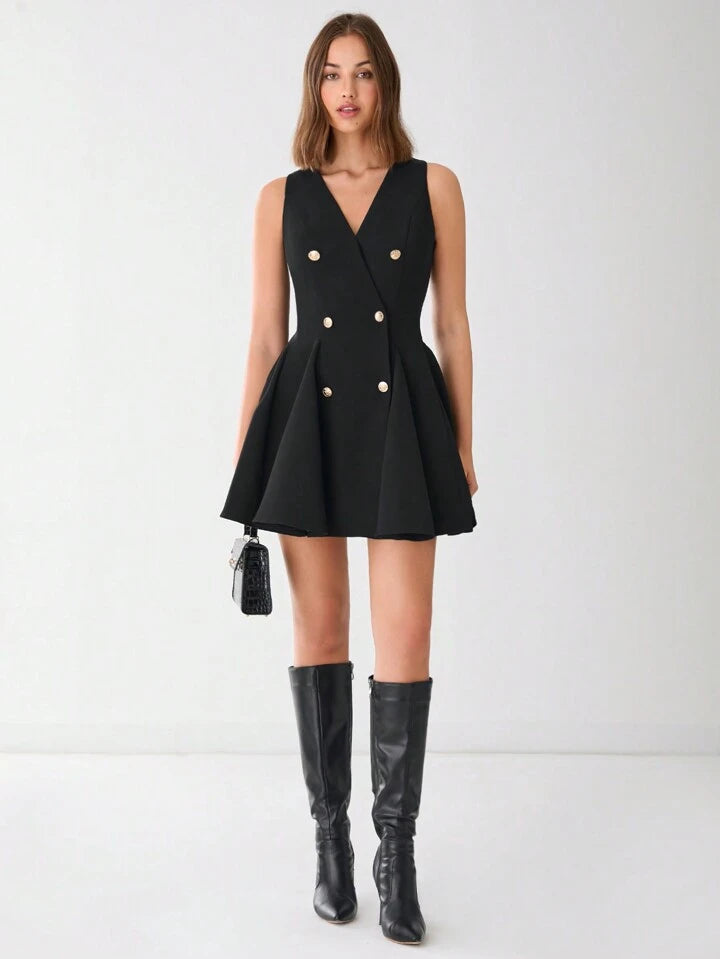 CM-DS860933 Women Elegant Seoul Style V-Neck Front Button Sleeveless A-Line Mini Dress - Black