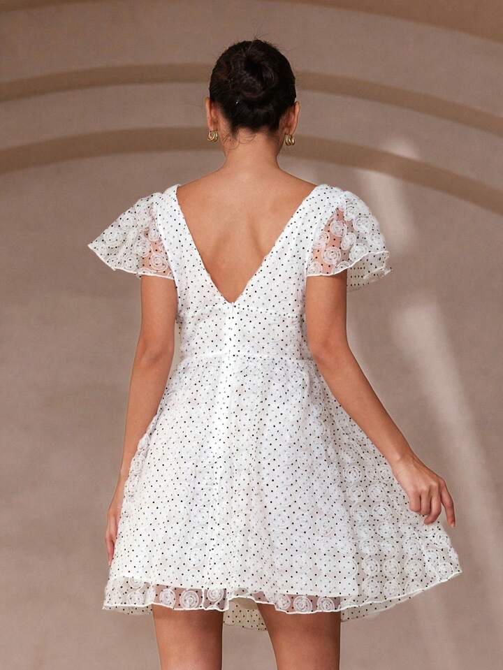 CM-DS996707 Women Elegant Seoul Style Organza See-Through Polka Dot Cap Sleeve Elastic Waist Short Dress