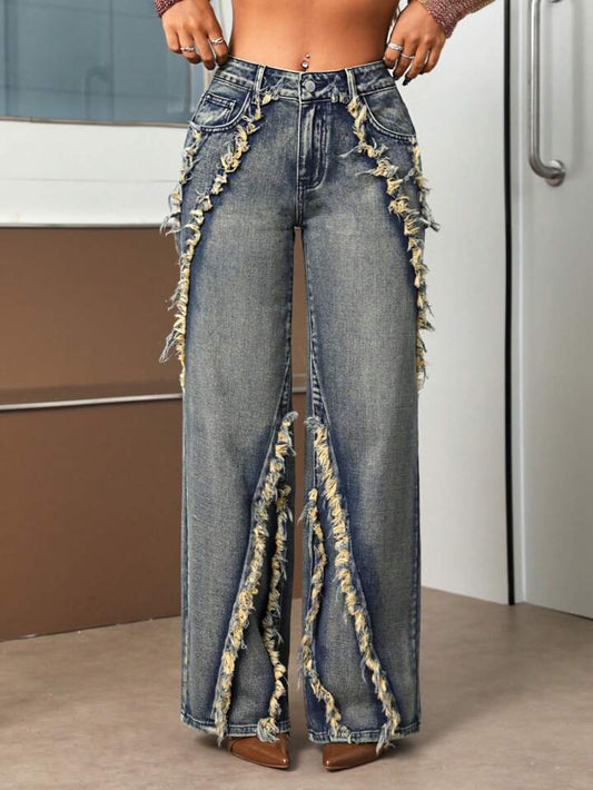 CM-BS180850 Women Casual Seoul Style Drop Waist Raw Trim Loose Wide Leg Jeans - Blue