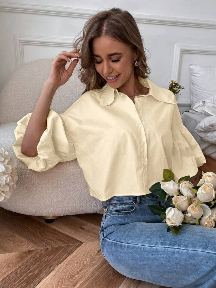 CM-TS082009 Women Casual Seoul Style Drop Bishop Sleeve Single Breasted Blouse - Beige