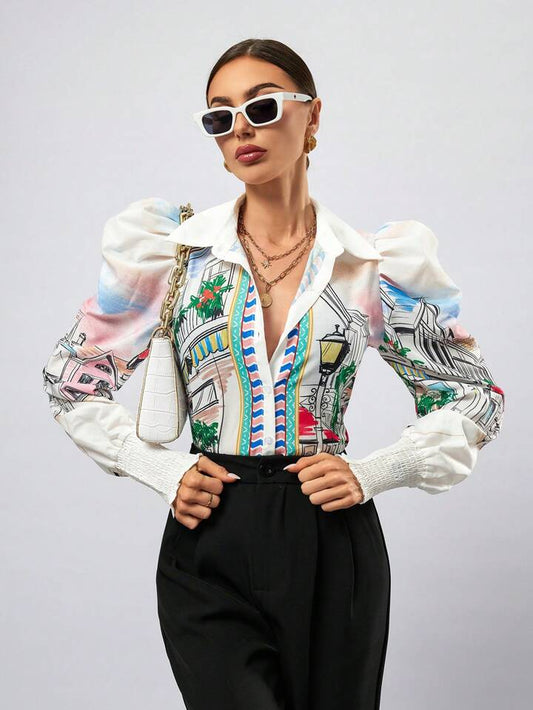 CM-TS810343 Women Casual Seoul Style Painting Print Button Down Long Sleeve Shirt