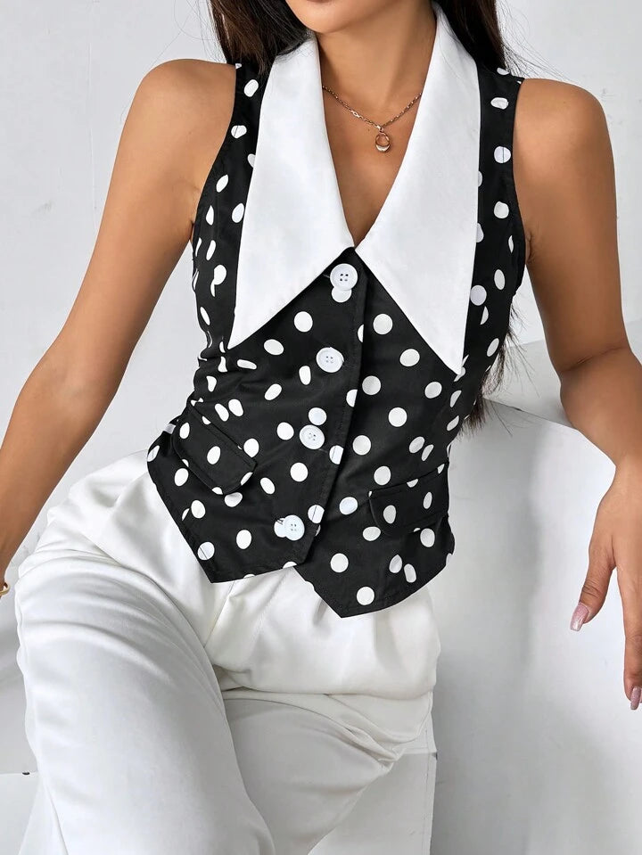 sz2405283825280022CM-TS280022 Women Casual Seoul Style Peter Pan Collar Sleeveless Polka Dot Satin Blouse