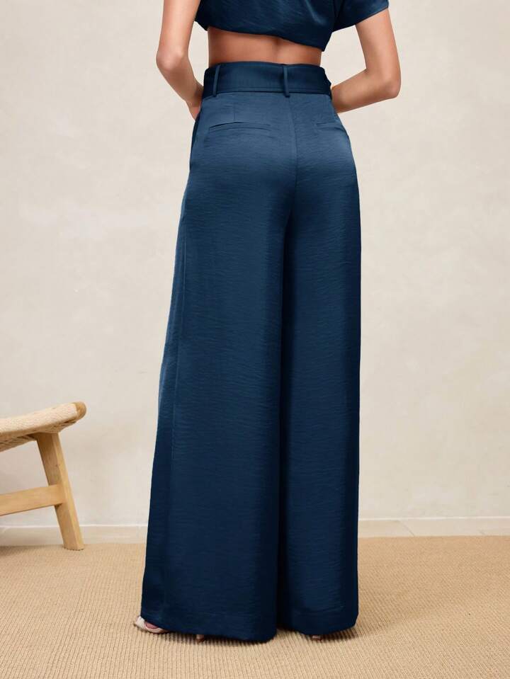 CM-BS064448 Women Casual Seoul Style High Waist Pleated Wide Leg Pants - Blue