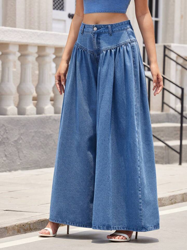 CM-BS115955 Women Casual Seoul Style Medium Wash High Waist Pleated Loose Wide Leg Jeans