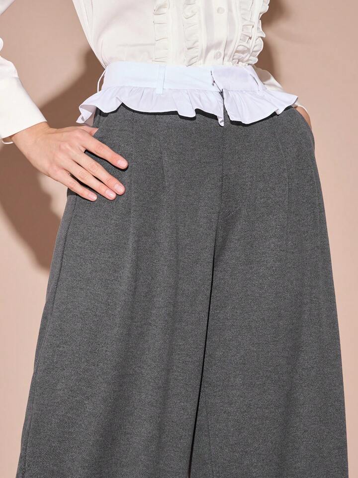 CM-BS769739 Women Casual Seoul Style Contrast Color High Waist Ruffle Hem Wide Leg Pants - Gray