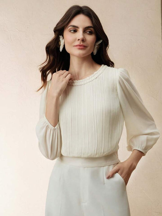 CM-TS513021 Women Elegant Seoul Style Cable Knit Round Neck Pleated Lantern Sleeve Slim Fit Blouse - Beige