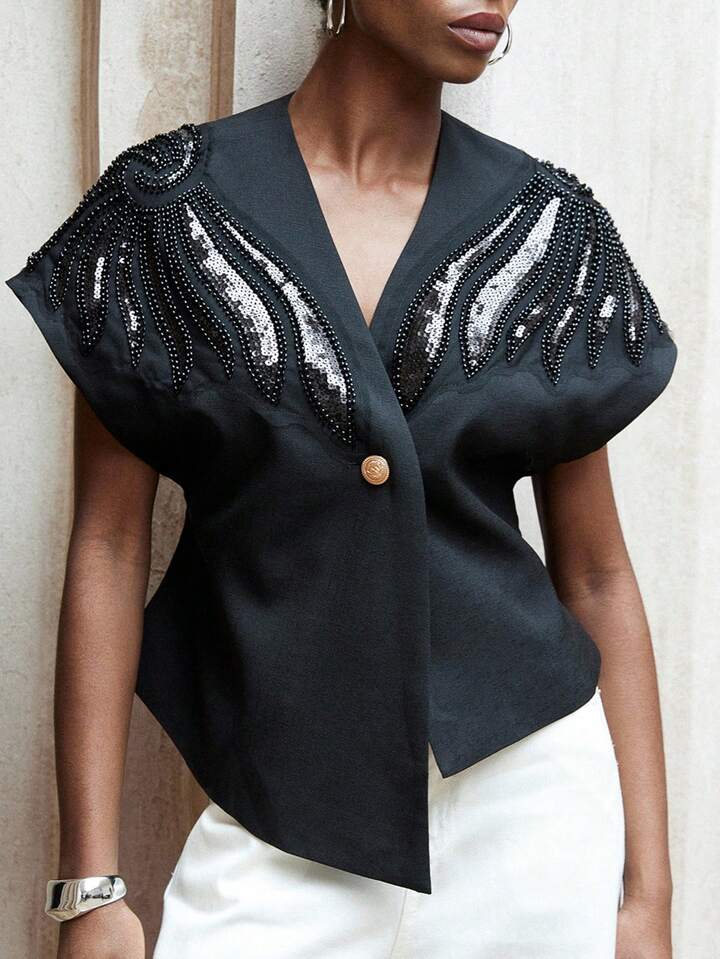 CM-TS354339 Women Elegant Seoul Style Asymmetrical Hem V-Neck Padded Beaded Embroidered Blouse - Black