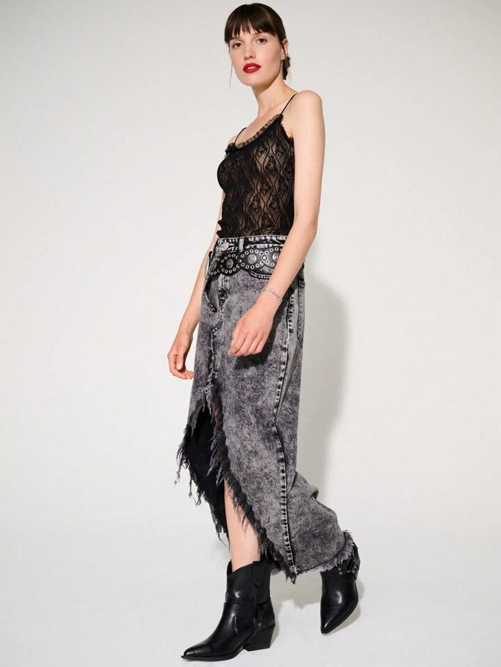 CM-BS452199 Women Casual Seoul Style Acid Wash Non-Stretch Split Thigh Denim Maxi Skirt - Black
