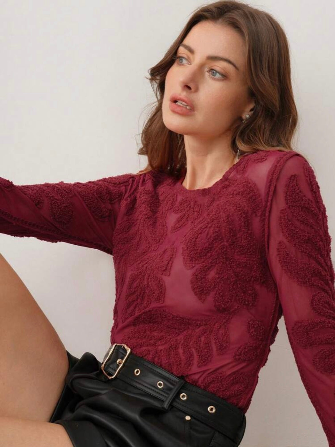 CM-TS365005 Women Elegant Seoul Style 3D Floral Print Fitted Crew Neck Sheer Long Sleeve Top