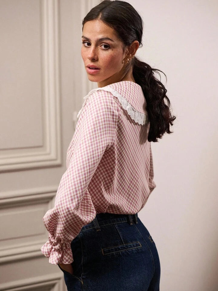 CM-TS124165 Women Casual Seoul Style Lace-Trimmed Peter Pan Collar Ruched Long Sleeve Gingham Blouse - Pink