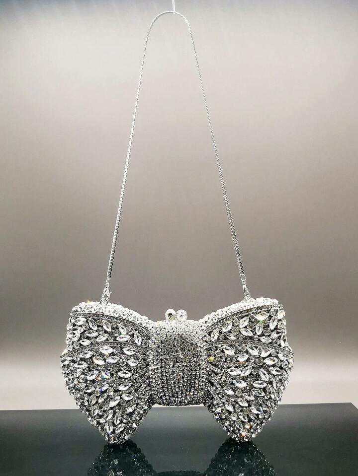 CM-BGS200126 Women Trendy Seoul Style Handmade Rhinestone Embellished Bow Clutch Purse - Silver
