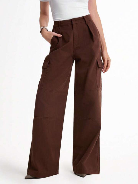 CM-BS659057 Women Casual Seoul Style High Waist Loose Wide-Leg Cargo Jeans - Coffee Brown