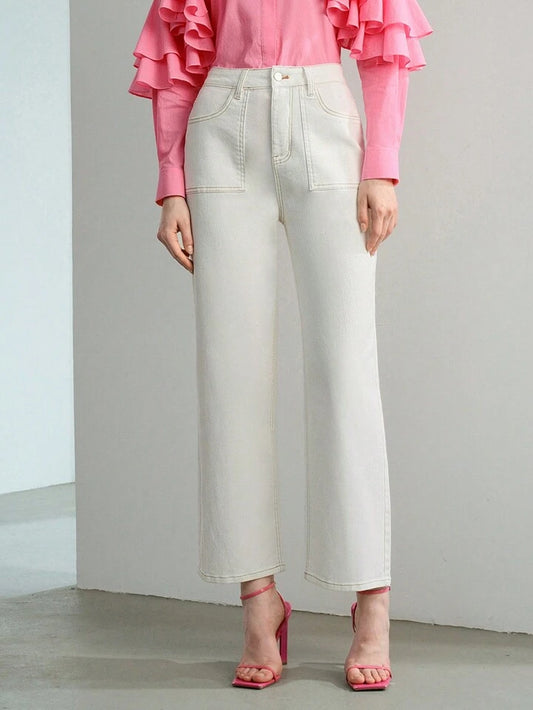 CM-BS422910 Women Casual Seoul Style Solid Slant Pocket Straight Leg Jeans - White