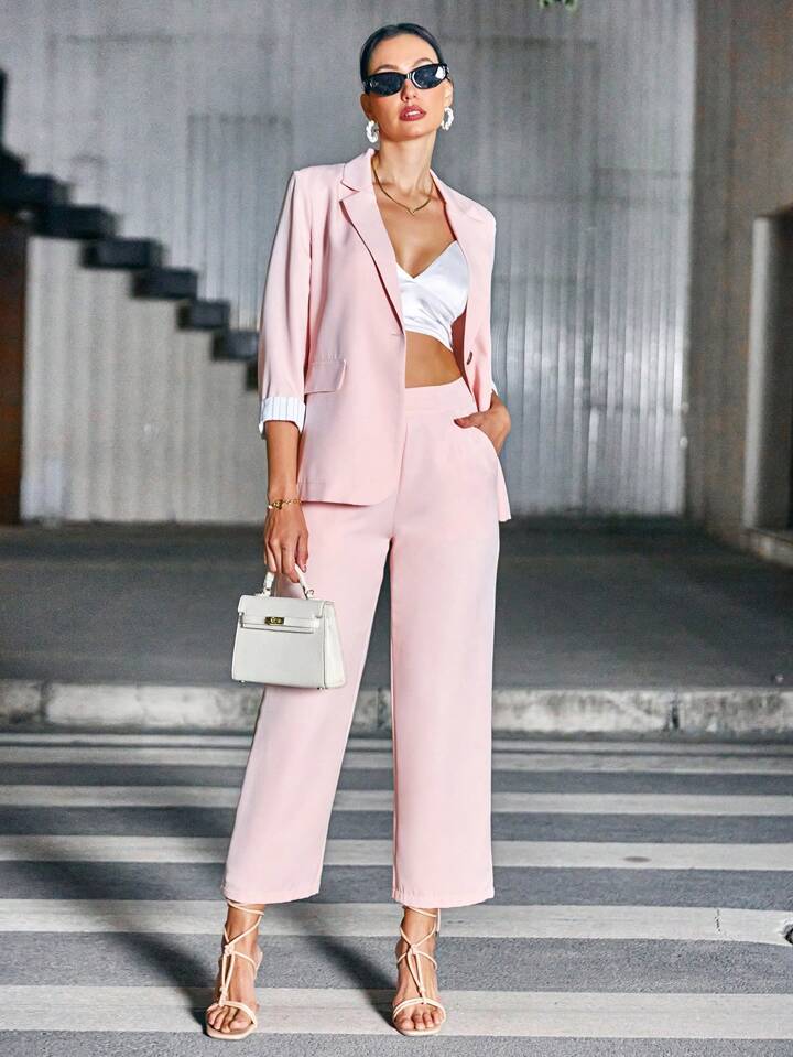 CM-SS822898 Women Elegant Seoul Style 3/4 Sleeve Lapel Blazer With Long Pants Suit - Pink