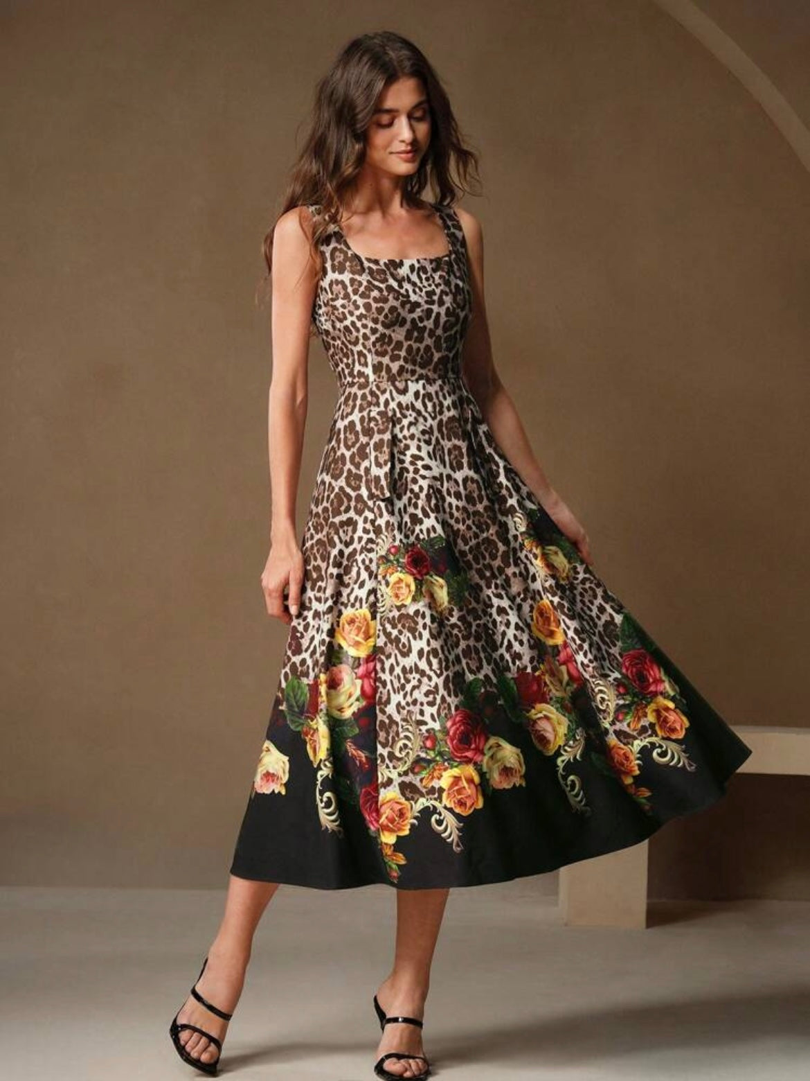 CM-DS668199 Women Elegant Seoul Style Leopard And Floral Print Wide Strap Sleeveless Midi Dress