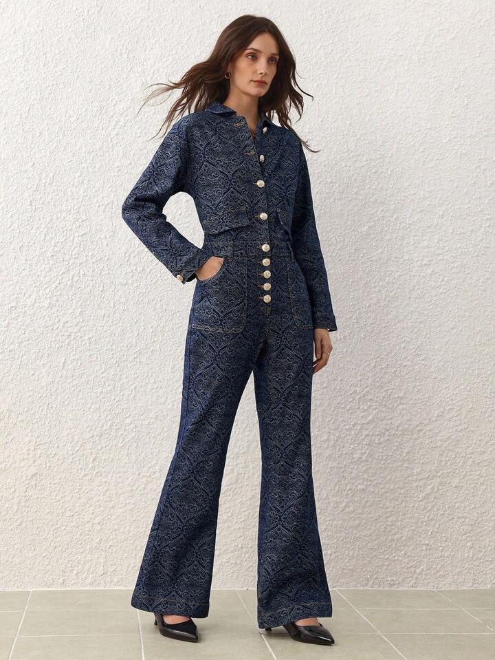 CM-JS528662 Women Elegant Seoul Style Dark Wash Collar Neckline All-Over Print Front Button Long Sleeve Denim Jumpsuit